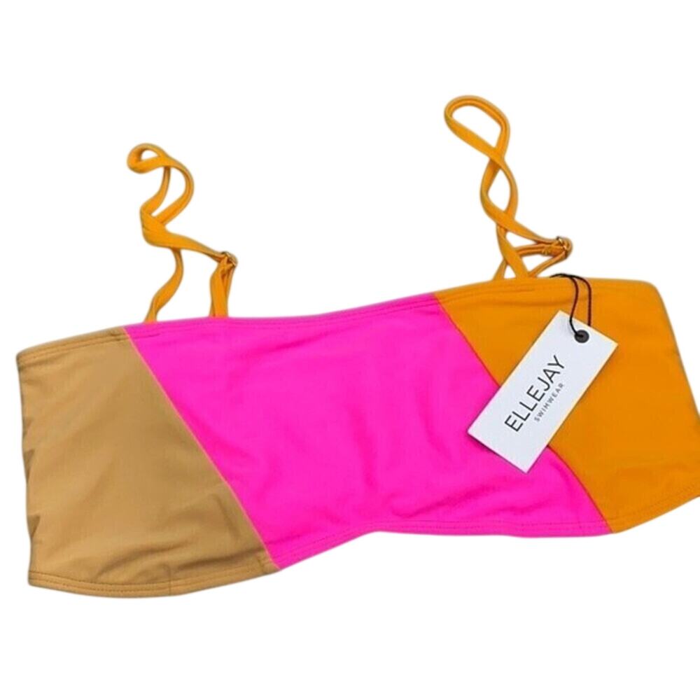 Ellejay Swimwear Lauren Color Block Bandeau Bikini Top Orange Pink L NWT Revolve